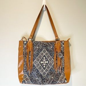 The Sak Boho Brown Leather & Tapestry Satchel Shoulder Bag